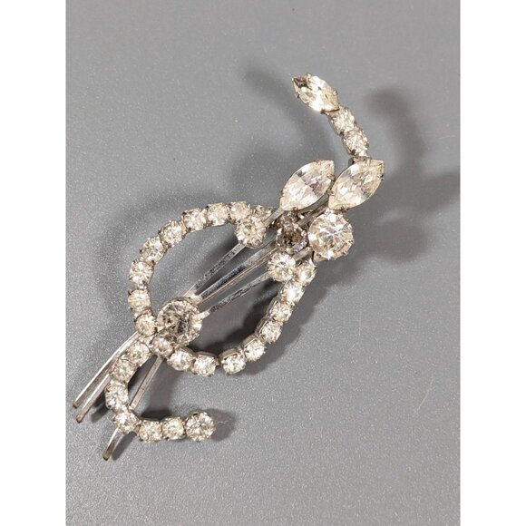 Vintage Clear Rhinestone Floral Bouquet Leaf Silver Tone Brooch Paste Pin Spray - Picture 3 of 13